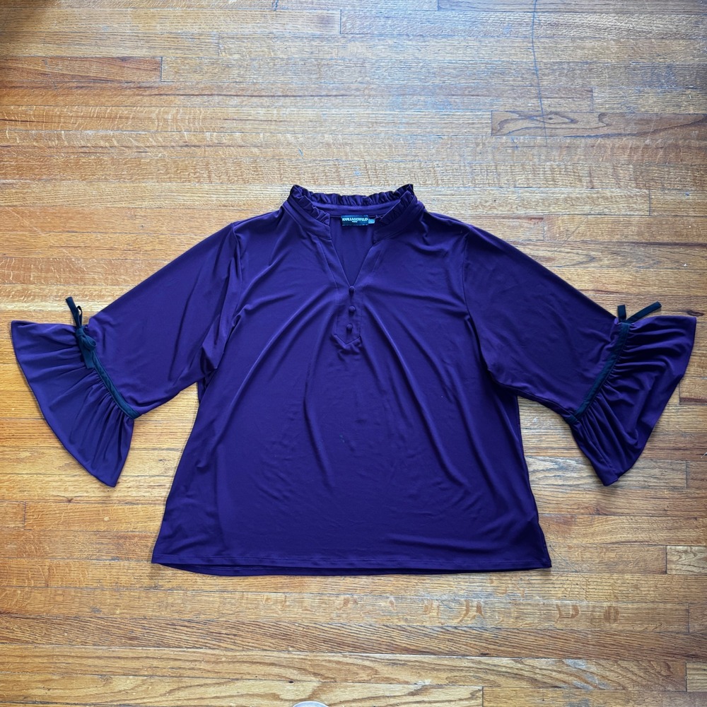 Karl Lagerfeld Paris Purple/Eggplant Ruffle Neck Bell Sleeve Blouse Top‎ Bow XL